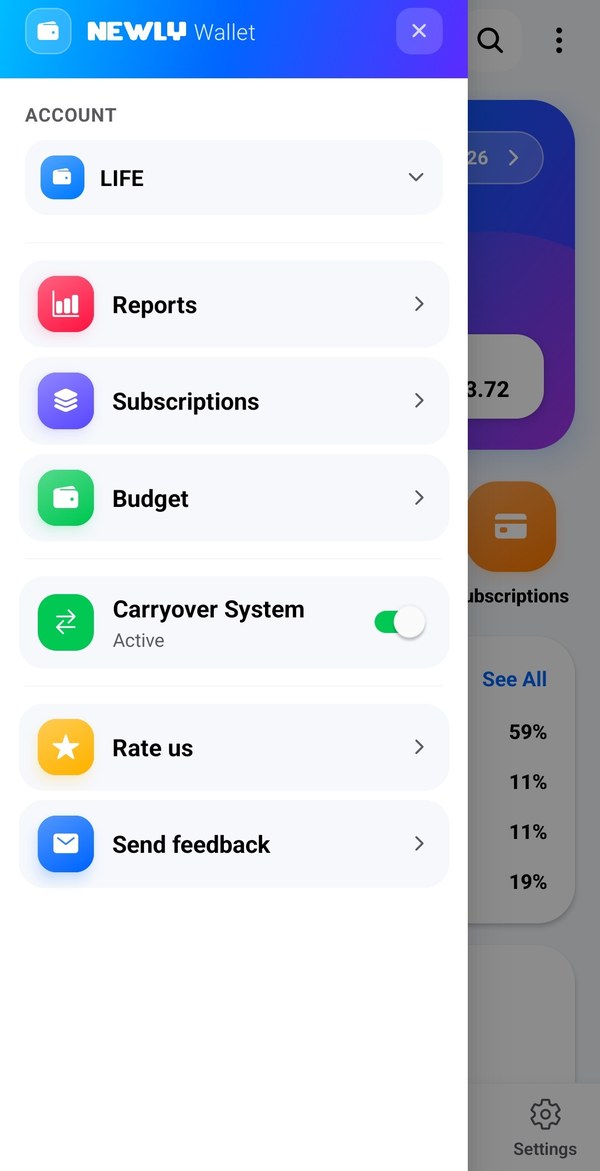NEWLY Wallet menu