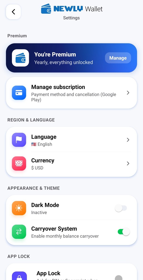 NEWLY Wallet settings
